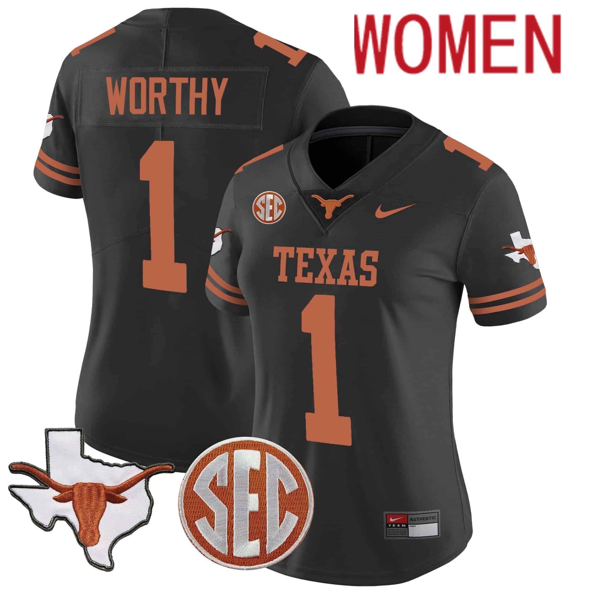 Women Texas Longhorns #1 Worthy Black 2024 Nike State Map & SEC Patch Vapor NCAA Jersey style 1